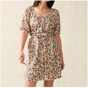 Faherty Floral Tie-Waist Mini Dress in Cream, Blue, Rust